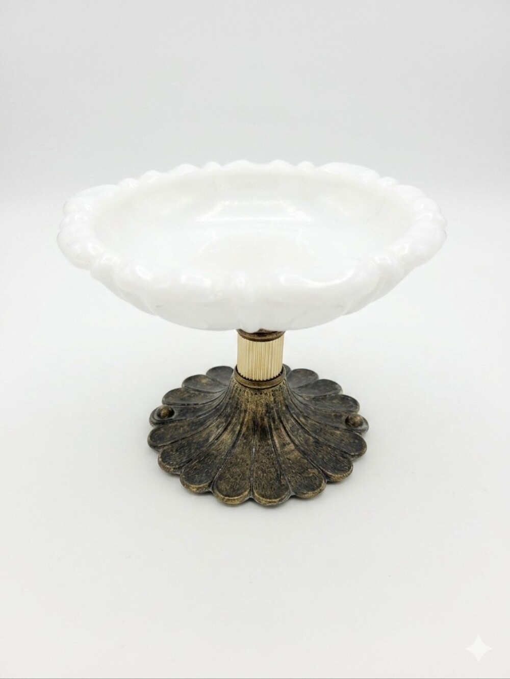 Milk Glass Soap Trinket Dish Metal Pedestal Base Vintage MCM Hollywood Regency